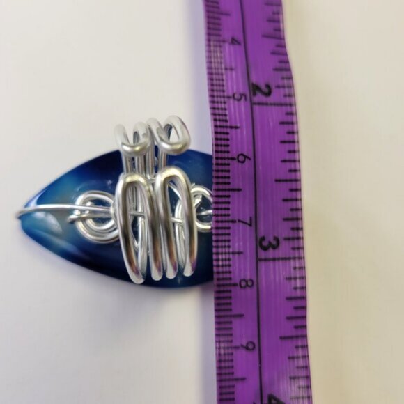 Huge Blue Agate Ring Adjustable Band Handmade Semi Precious Ring Oval Agate Ring - Picture 7 of 10